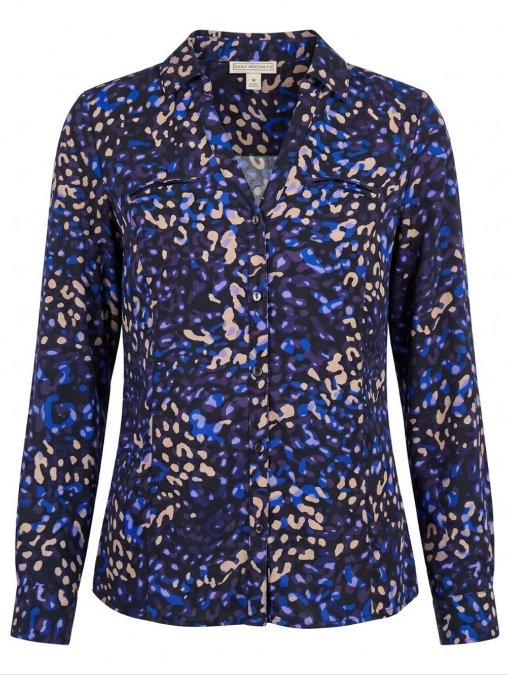 Dana Buchman Leopard Print Blouse Womens Blue Black Roll Tab Office Chic Top